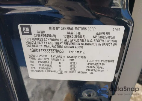 2003 GMC Envoy Sle from USA, damaged, VIN 1GKDT13S832270456